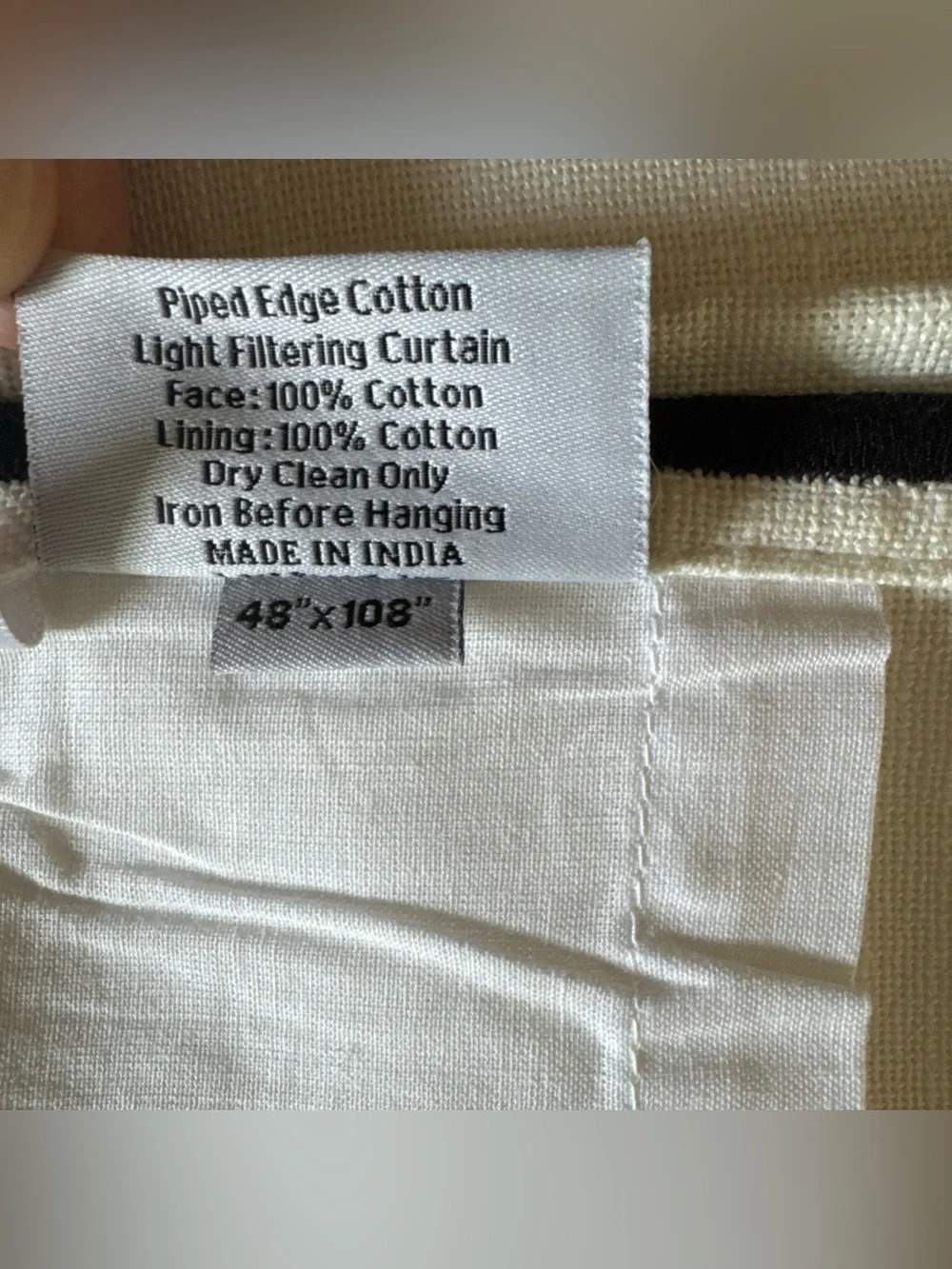 New Quince Ivory Cotton Curtain Black Piped 48 x 108” Light Filtering 1 Panel
